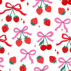 Seamless pattern with bows, cherries, and raspberries. Vector graphics.