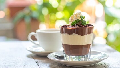 テーブルの上のティラミスとコーヒー