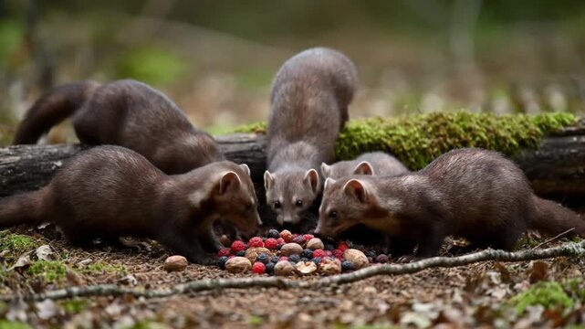 Marten family group foraging eating berries and nuts in the forest
