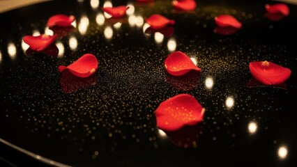 Red rose petals and golden glitter scattered on black reflective surface