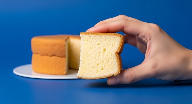 hand holding a slice of chiffon cake