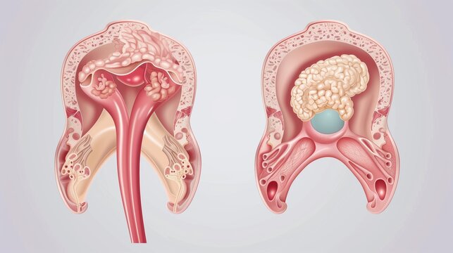 Endometriosis Awareness Week: Split medical illustration comparing normal endometrium versus endometriosis-affected tissue, side-by-side anatomical comparison