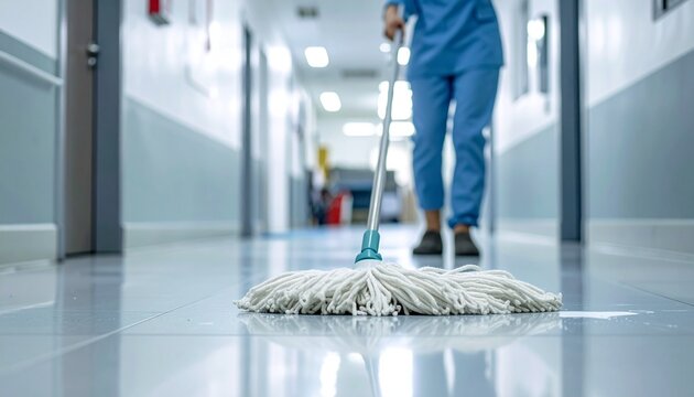 Person in scrubs mopping a shiny hallway floor with a mop; perspective view