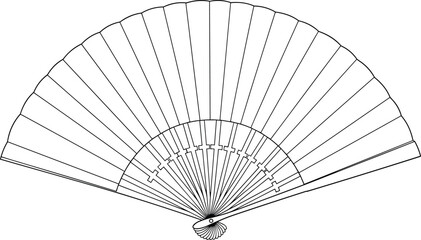 "Traditional folding fan line drawing, black and white illustration of semi‑circular shape with ribs and scalloped edge, cultural artifact artwork, symmetry design concept"