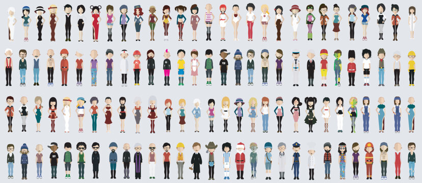 A large group of diverse people in various professions and casual wear standing in rows, conveying a sense of community, teamwork, and diversity. This illustration is perfect
