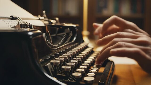 Close up of hands typing on a vintage typewriter with paper.