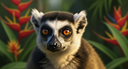 Fototapeta premium Close-up of a lemur with amber eyes and grey-white fur, surrounded by tropical vegetation. The image evokes wild nature and fauna beauty