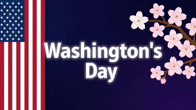 Washingtons Day Celebration with American Flag and Cherry Blossoms.