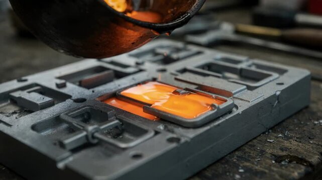 Molten metal flowing into mattefinished buckle molds highlighting the artisan craftsmanship of creating unique understated hardware with a soft nonreflective surface texture.