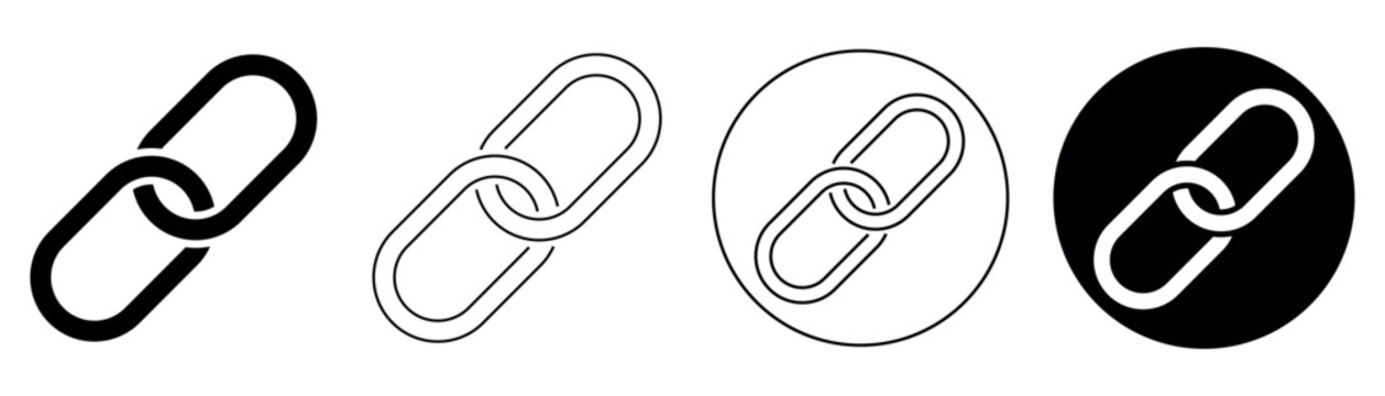 Four modern black and white chain link icons symbolizing website hyperlink connection and digital interface symbol