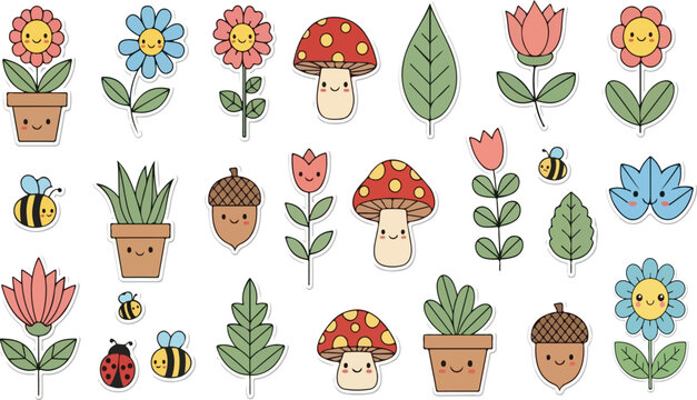 Colorful cartoon garden icons with flowers, mushrooms, leaves, insects, and potted plants isolated on transparent background