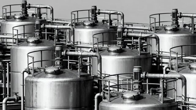 Manifolded condense milk tanks cluster with visible valves and safety railings highlighting complex piping systems and industrial infrastructure.