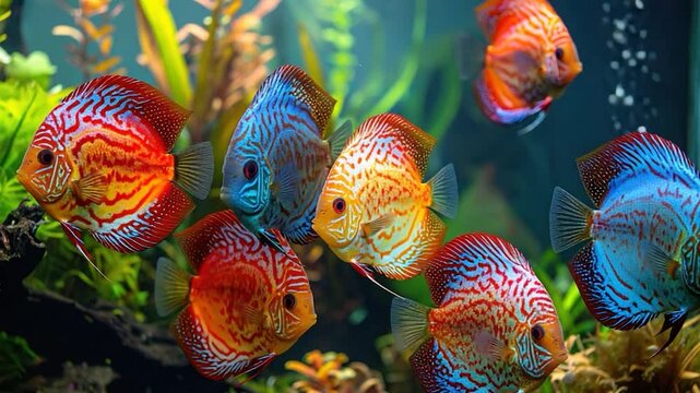 Vibrant discus fish swim in an aquarium amidst aquatic plants