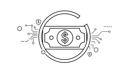Obraz premium Conceptual technical illustration showing a digital dollar bill banknote surrounded by circular lines, circuit patterns, and security shields.