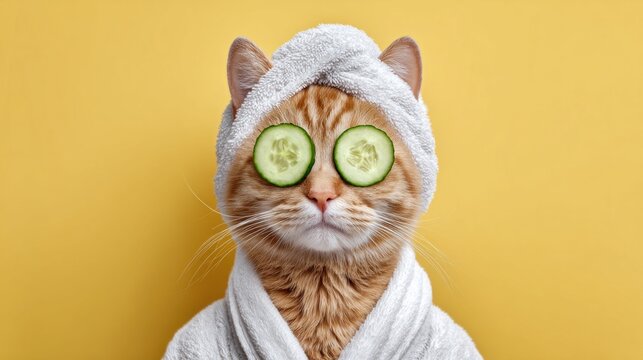 Ginger cat wearing a towel and bathrobe with cucumber slices on eyes for spa day