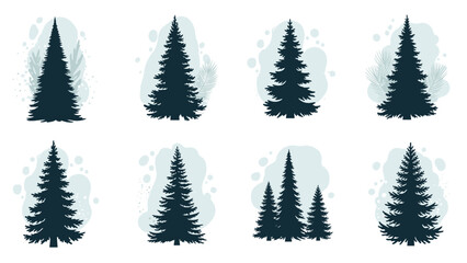Obraz premium Set of eight black silhouettes of various coniferous pine and fir trees with soft blue abstract background shapes on white.