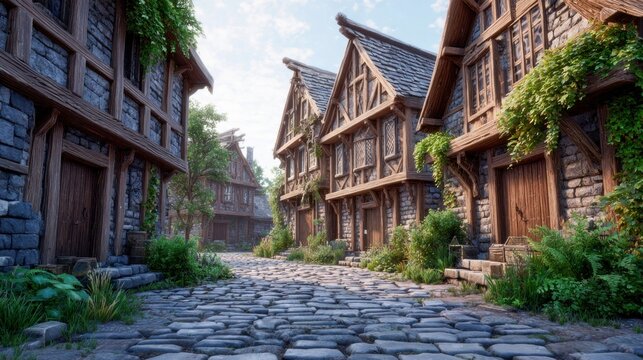 Charming medieval village street with stone buildings and cobblestone path