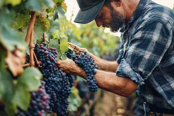 Naklejka premium Natural farming & wine production: focus on the manual labor and ripe fruit, emphasizing organic quality, viticulture practices, and seasonal harvest.