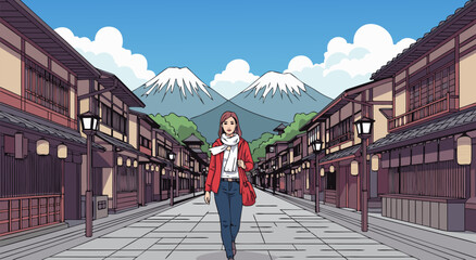 Japanese street scene illustration vector with a woman walking towards snow-capped mountains