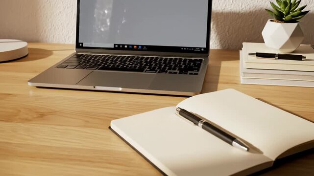 Modern Home Office Desk Setup with Laptop and Lamp.