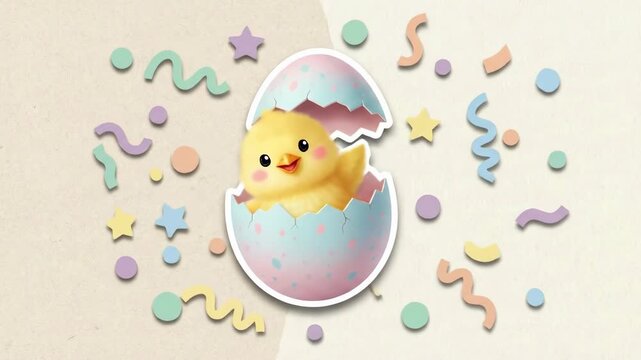 Cute baby chick hatching from a pastel Easter egg, surrounded by festive confetti and streamers animation. Happy spring holiday celebration.