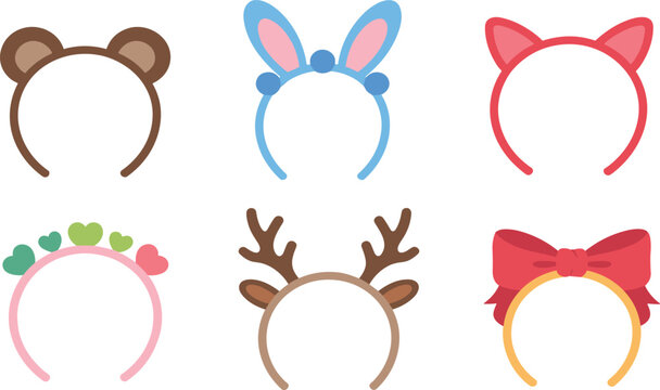 Cute animal ear headband collection, bunny cat bear reindeer hair accessories, colorful flat vector party illustration