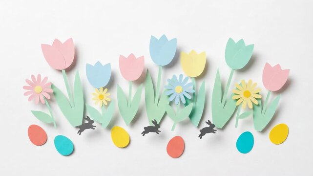 Bright easter paper cut scene with colorful eggs, pastel flowers, and rabbit silhouettes. Spring holiday craft concept.