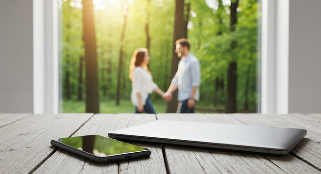 Digital detox concept with laptop and phone on table and couple walking in green forest background.