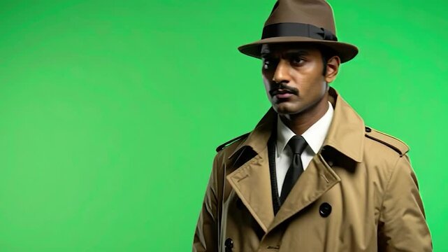 Man Wearing Trench Coat and Fedora Hat.