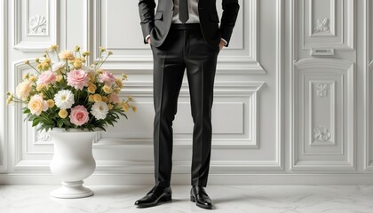 Fototapeta premium Man in elegant black suit stands by pastel flowers in white vase. Indoor formal setting with decorative wall panels. Sophisticated style for events or business.