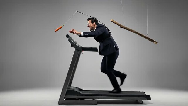 A man running on a treadmill, chasing a carrot with a stick on his back. Metaphor for endless pursuit and motivation in business.