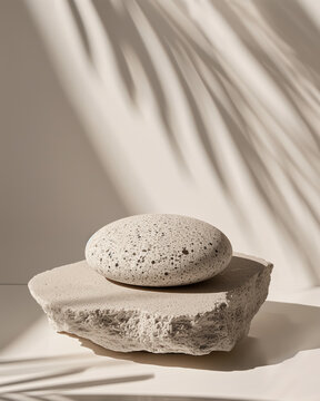 Natural stone slab pedestal with speckled peble in soft sunlight, minimal background for cosmetic display