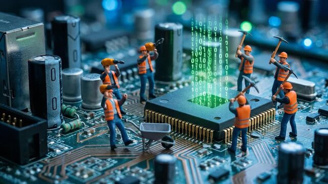 Tiny worker figurines extract digital data from a microchip on a circuit board, symbolizing cryptocurrency mining and tech maintenance.