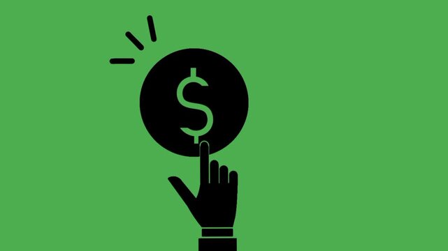 Pay per click animation concept with black silhouette hand tapping black silhouette coin. Symbol of online income, promotion, and digital advertising growth