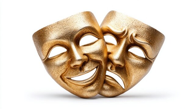 Golden theater masks representing comedy and tragedy stand against a white background