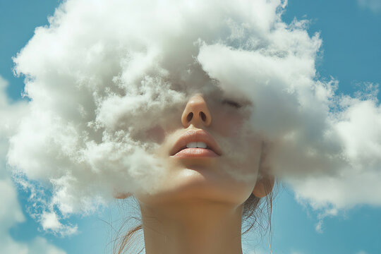 Cloud nine concept visualizes ethereal beauty exhaling light smoke against clear sky, symbolizing fresh air, peaceful mind, and ultimate fantasy freedom.