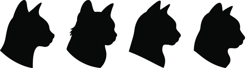 Cat head silhouette set, pet animal profile icons, kitten face collection, black feline clipart, isolated design, flat vector illustration © Mst