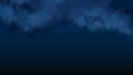 Dark navy blue winter sky with deep blue clouds and soft celestial glow. Dreamy, smoky atmosphere with starlit galaxy mood. Elegant horizontal background for holiday cards, banners, luxury and night t