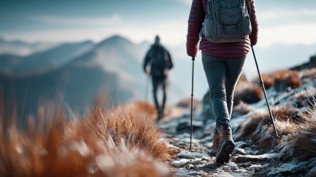 Hikers with backpacks and trekking poles ascend a snowy mountain trail in autumn