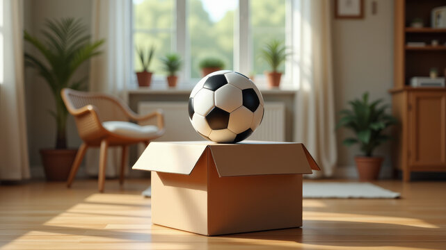 Soccer ball in cardboard box by window suggesting childhood memory and love for game at home