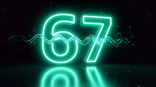 Glowing neon number 67 animation with vibrant green light and wavy lines on black background, symbolizing futuristic technology and modern design