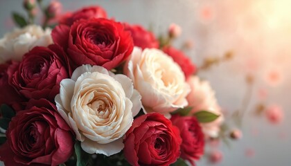 Obraz premium Close up of red and white roses in a bouquet. Soft light falls on delicate petals. Beautiful floral arrangement for celebrations or romance.