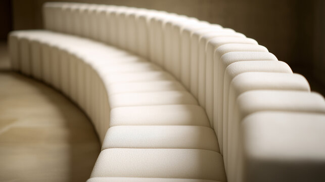 contrapositive. A minimalist, flowing arc of upholstered seating on a blurred neutral background. real-estate listings.