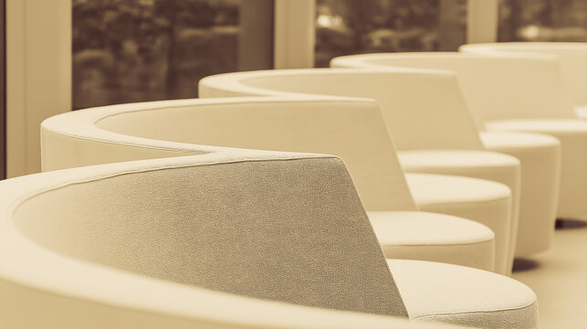 contrapositive. A minimalist, flowing arc of upholstered seating on a blurred neutral background. real-estate listings.