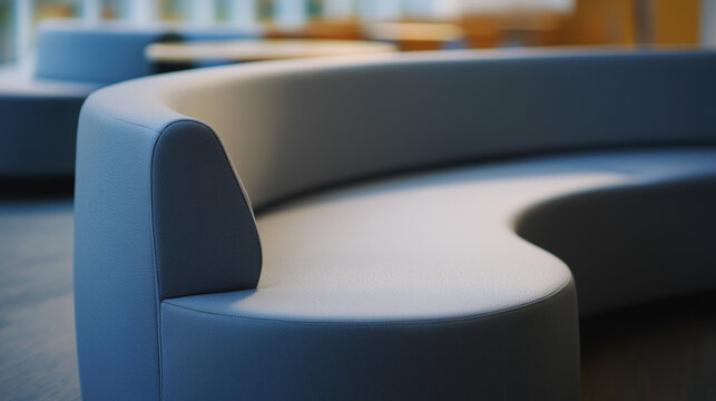 contrapositive. A minimalist, flowing arc of upholstered seating on a blurred neutral background. real-estate listings.