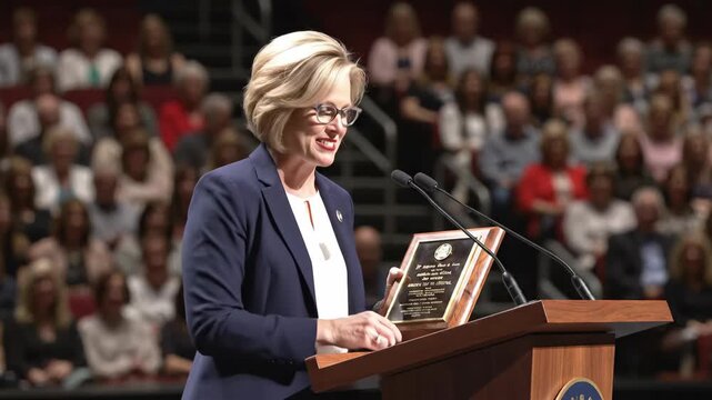 Caucasian woman speaker delivering an active speech at a podium with audience, holding an award plaque and gesturing
