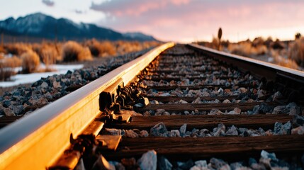 A stunning sunset casts a warm glow over a tranquil train track, symbolizing exploration and adventure, inviting wanderers to embrace the beauty of the journey.