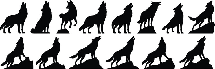 Wolf howling silhouette collection flat vector illustration isolated on white background wild animal clipart logo mascot design set © Mst