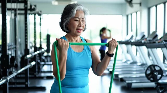 Senior asian woman exercising with a resistance band at the gym, undergoing a fitness workout process with effort and satisfaction.