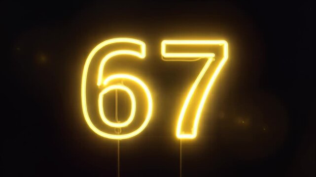 Glowing Neon Number 67 Animation with Vibrant Yellow Light on Black Background, symbolizing celebration and milestone